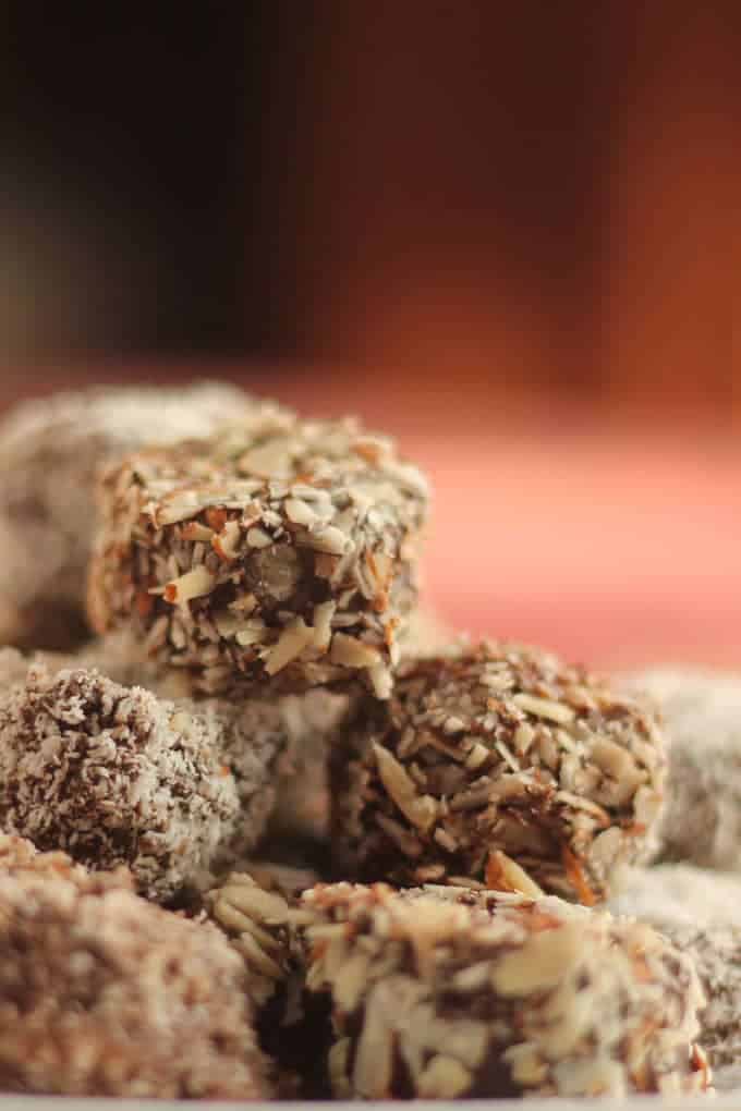 Banana almond chocolate bites on a plate