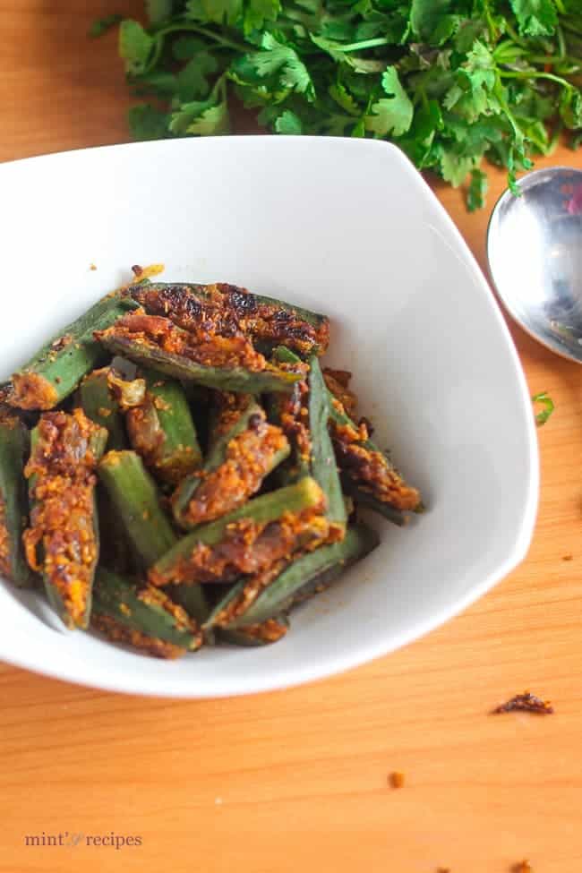 Bharwa Bhindi on a white bowl 