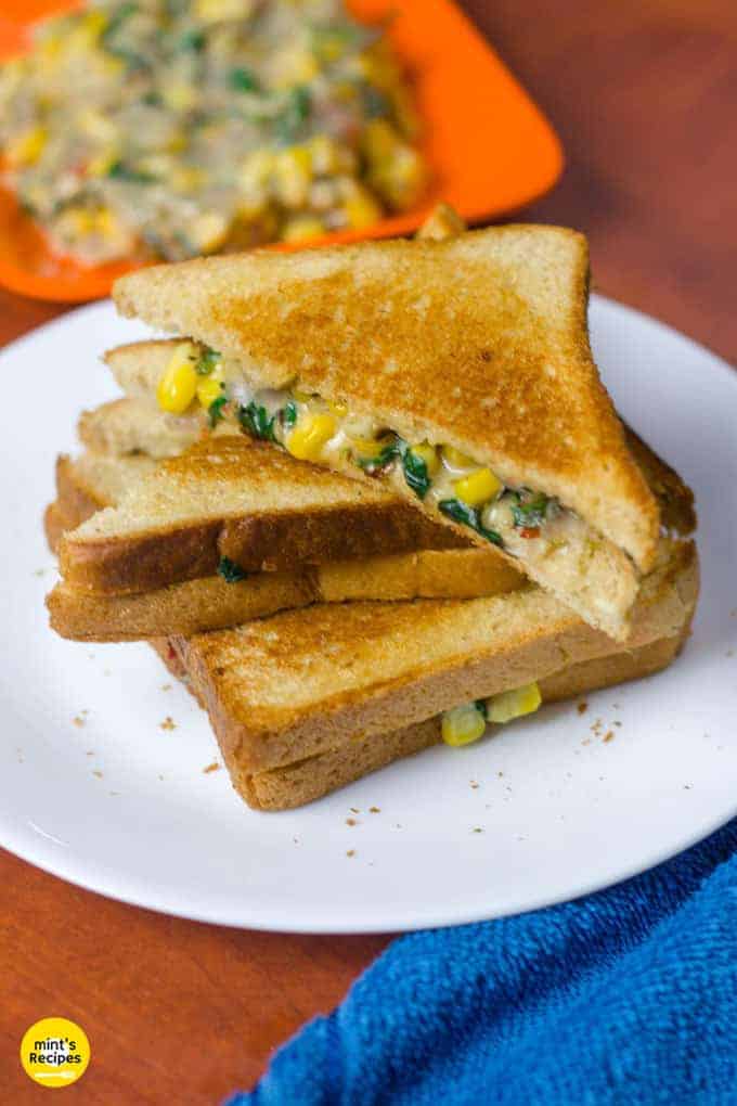 Spinach Corn Sandwich Recipe for Breakfast with cheese