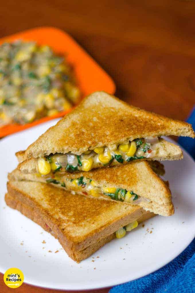 Spinach Corn Sandwich Recipe for Breakfast with cheese