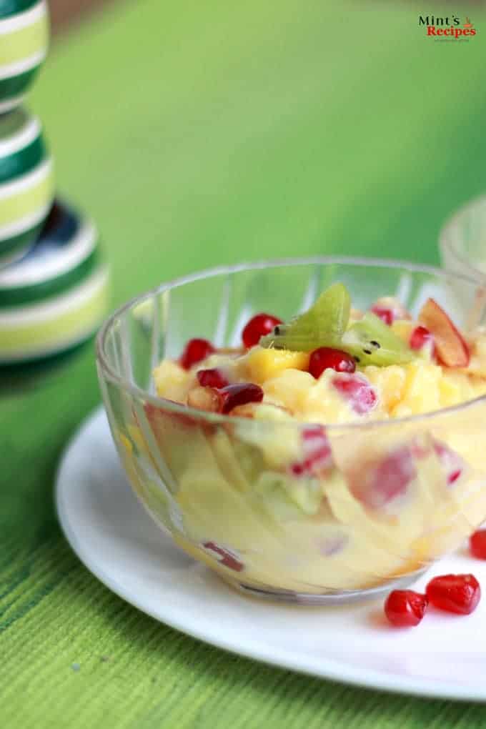 Fruit custard on a transparent bowl 