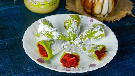 Kaju Paan, a dessert on a white plate