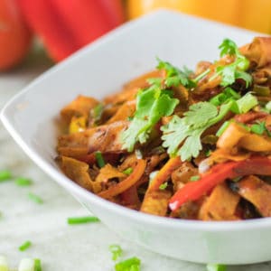 Roti noodles on a white bowl full with roti noodles and garnished with coriander leaves with a light background