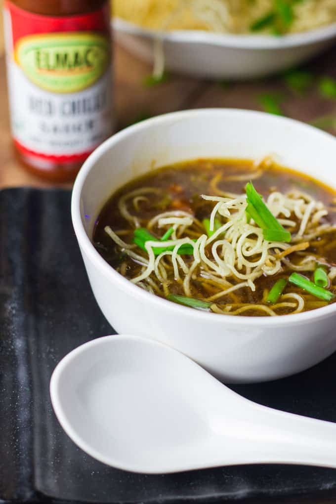 Vegetable Manchow soup served with noodles