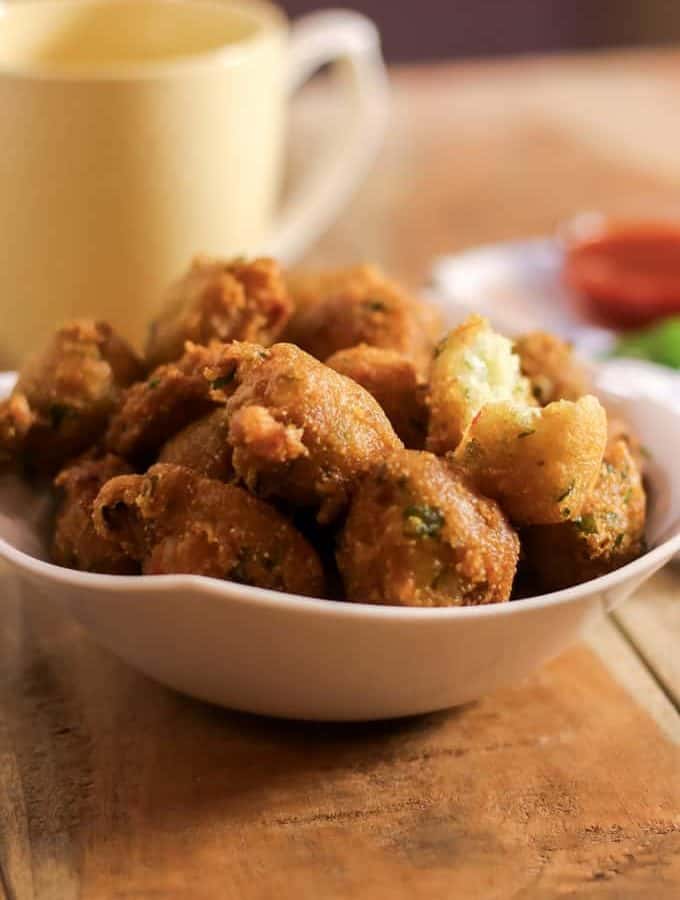 Veg suji pakora on a white bowl