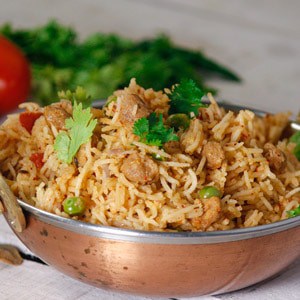 Soyabean chunk pulao served in a bowl