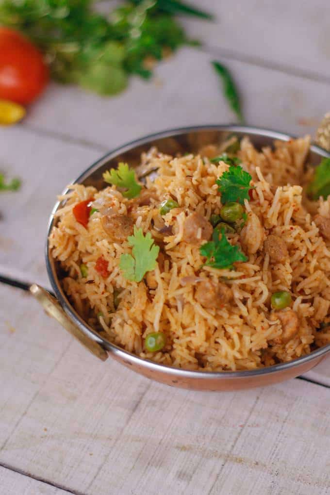 Soyabean chunk pulao served in a bowl