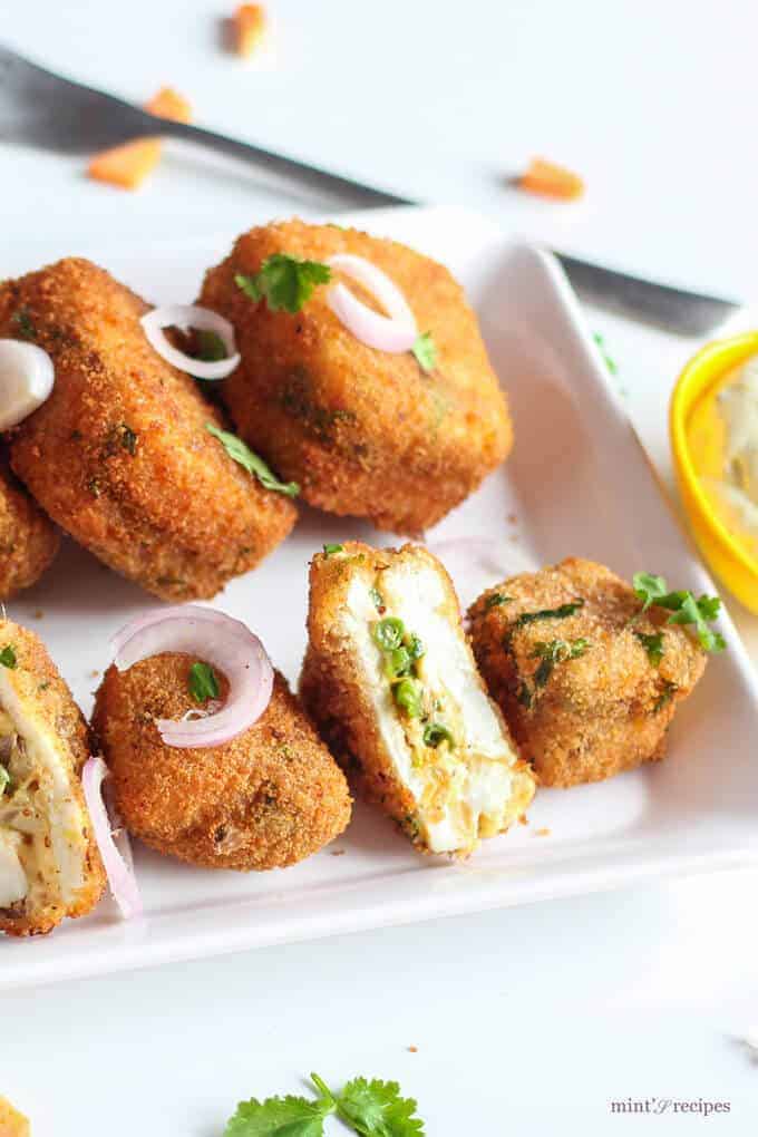 Veg Paneer Cheese Bites With Mayo Dip on a white plate with some onion rings 