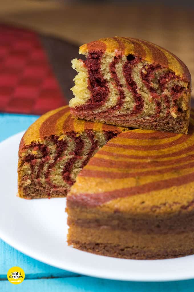 Eggless Zebra Cake Recipe cut into slices